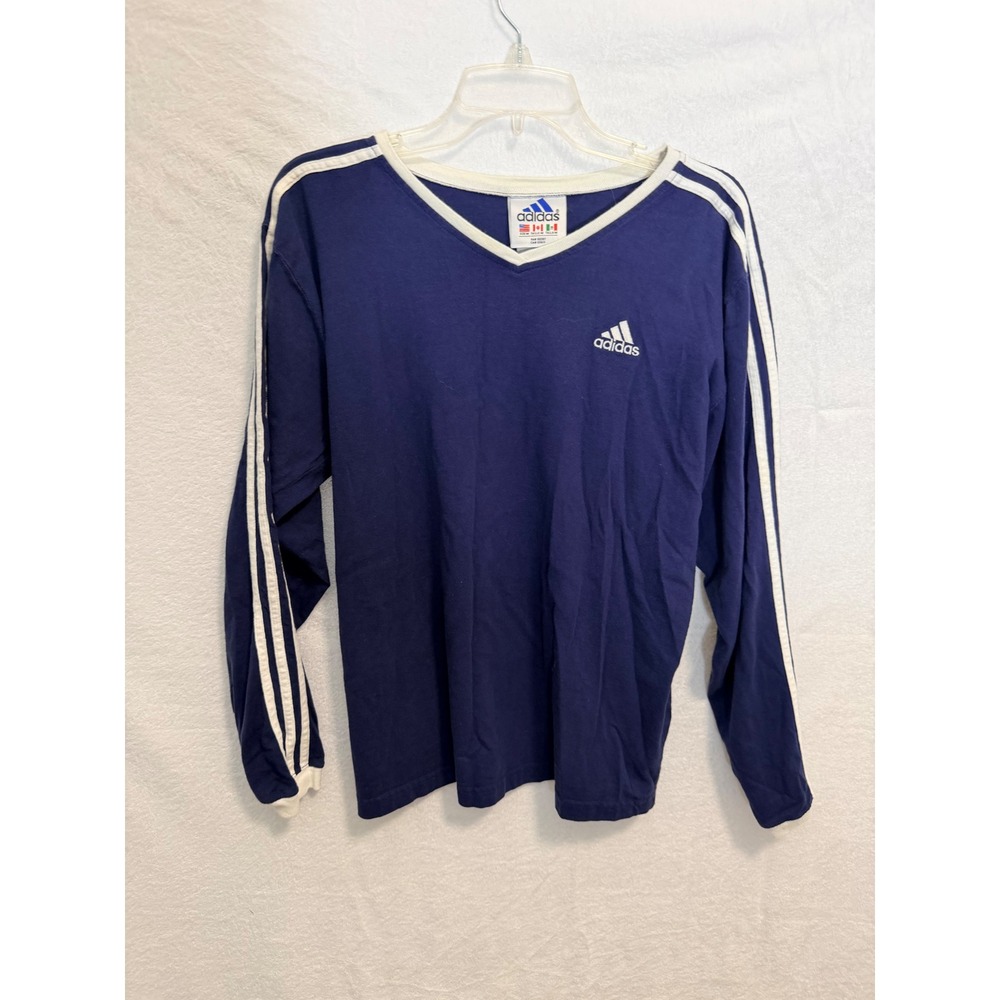 Vintage Adidas Long Sleeve T-Shirt Navy Blue V-Neck 3 Stripe Mens Medium